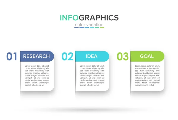 Concepto de modelo de negocio de flechas con 3 pasos sucesivos. Tres coloridos elementos rectangulares. Diseño de cronología para folleto, presentación. Diseño infográfico . — Vector de stock