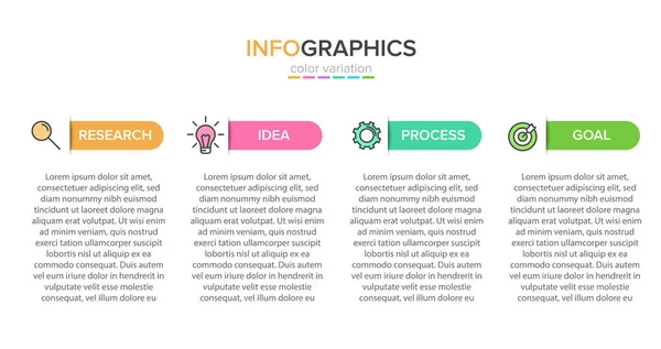 Conception infographique avec icônes et 4 options ou étapes. Vecteur de lignes minces. Infographie concept d'entreprise. Peut être utilisé pour les graphiques d'information, organigrammes, présentations, sites Web, bannières, documents imprimés. — Image vectorielle