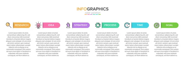 Begreppet Arrow affärsmodell med 6 successiva steg. Fem färgglada rektangulära element. Tidslinje design för broschyr, presentation. Layout för infographic design. — Stock vektor