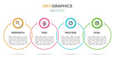 Simgeli ve 4 basamaklı bilgi tasarımı. İnce çizgi vektörü. Bilgi işlem iş konsepti. Bilgi grafikleri, akış grafikleri, sunumlar, web siteleri, afişler, yazılı materyaller için kullanılabilir.