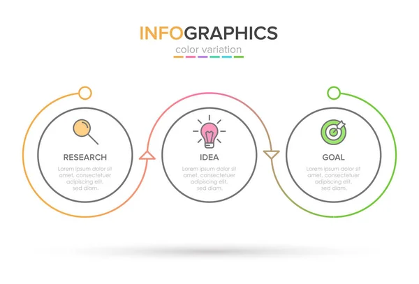 Konzept des Pfeil-Geschäftsmodells mit 3 aufeinander folgenden Schritten. drei bunte rechteckige Elemente. Timeline Design für Broschüre, Präsentation. Gestaltung der Infografik. — Stockvektor