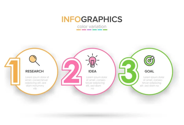 Koncepcja Arrow modelu biznesowego z 3 kolejnymi etapami. Trzy kolorowe elementy prostokątne. Projekt osi czasu dla broszury, prezentacji. Układ projektowania infograficznego. — Wektor stockowy