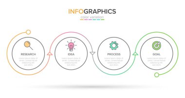 Simgeli ve 4 basamaklı bilgi tasarımı. İnce çizgi vektörü. Bilgi işlem iş konsepti. Bilgi grafikleri, akış grafikleri, sunumlar, web siteleri, afişler, yazılı materyaller için kullanılabilir.