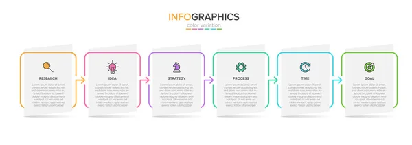 6 ardışık adımları ile ok iş modeli kavramı. Beş renkli dikdörtgen eleman. Broşür, sunum için zaman çizelgesi tasarımı. İnfografik tasarım düzeni. — Stok Vektör