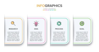 Simgeli ve 4 basamaklı bilgi tasarımı. İnce çizgi vektörü. Bilgi işlem iş konsepti. Bilgi grafikleri, akış grafikleri, sunumlar, web siteleri, afişler, yazılı materyaller için kullanılabilir.