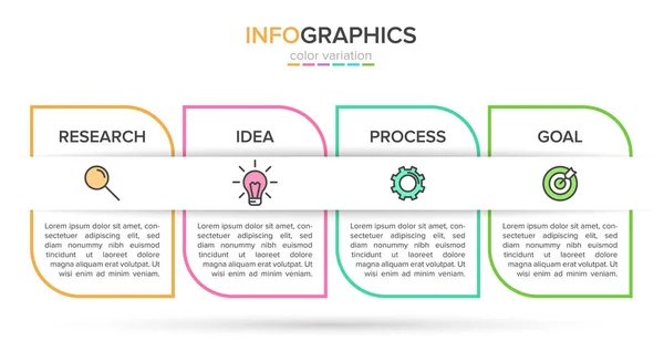 Projekt infograficzny z ikonami i 4 opcjami lub krokami. Cienki wektor. Koncepcja biznesowa infografiki. Może być stosowany do grafiki info, wykresy przepływu, prezentacje, strony internetowe, banery, materiały drukowane. — Wektor stockowy