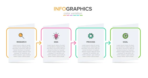 Infografikai kialakítás ikonokkal és 4 opcióval vagy lépéssel. Vékony vonalvektor. Infografika üzleti koncepció. Használható infó grafikákhoz, folyamatábrákhoz, prezentációkhoz, weboldalakhoz, bannerekhez, nyomtatott anyagokhoz. — Stock Vector