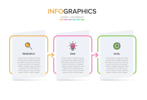 Concepto de modelo de negocio de flechas con 3 pasos sucesivos. Tres coloridos elementos rectangulares. Diseño de cronología para folleto, presentación. Diseño infográfico . — Vector de stock