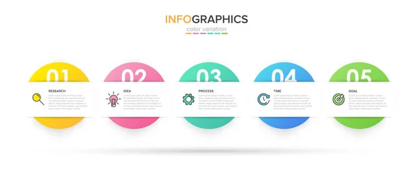 Design infográfico com ícones e 5 opções ou passos. Vetor de linha fina. Conceito de negócio de infográficos. Pode ser usado para gráficos de informações, fluxogramas, apresentações, sites, banners, materiais impressos. — Vetor de Stock