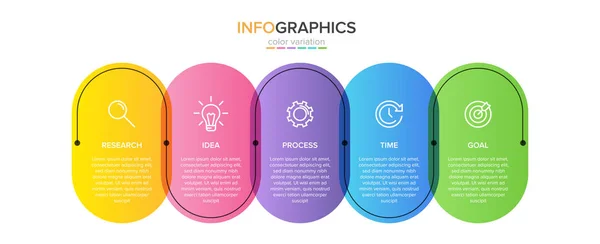 Infografisch ontwerp met iconen en 5 opties of stappen. Dunne lijn vector. Infographics business concept. Kan gebruikt worden voor infographics, flowgrafieken, presentaties, websites, banners, drukwerk. — Stockvector