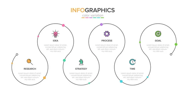 Konzept des Pfeil-Geschäftsmodells mit 6 aufeinander folgenden Schritten. fünf bunte rechteckige Elemente. Timeline Design für Broschüre, Präsentation. Gestaltung der Infografik. — Stockvektor