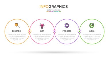 Simgeli ve 4 basamaklı bilgi tasarımı. İnce çizgi vektörü. Bilgi işlem iş konsepti. Bilgi grafikleri, akış grafikleri, sunumlar, web siteleri, afişler, yazılı materyaller için kullanılabilir.