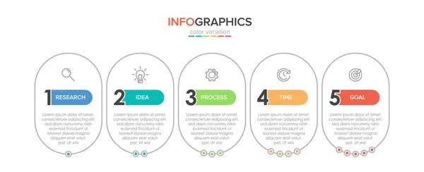 Infografik-Design mit Symbolen und 5 Optionen oder Schritten. Dünnlinienvektor. Infografik Geschäftskonzept. Kann für Informationsgrafiken, Flussdiagramme, Präsentationen, Websites, Banner, Druckmaterialien verwendet werden. — Stockvektor