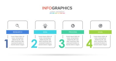 Simgeli ve 4 basamaklı bilgi tasarımı. İnce çizgi vektörü. Bilgi işlem iş konsepti. Bilgi grafikleri, akış grafikleri, sunumlar, web siteleri, afişler, yazılı materyaller için kullanılabilir.