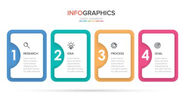 Simgeli ve 4 basamaklı bilgi tasarımı. İnce çizgi vektörü. Bilgi işlem iş konsepti. Bilgi grafikleri, akış grafikleri, sunumlar, web siteleri, afişler, yazılı materyaller için kullanılabilir.