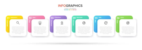 6 ardışık adımları ile ok iş modeli kavramı. Beş renkli dikdörtgen eleman. Broşür, sunum için zaman çizelgesi tasarımı. İnfografik tasarım düzeni. — Stok Vektör