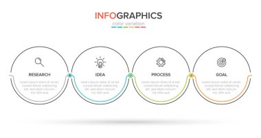 Simgeli ve 4 basamaklı bilgi tasarımı. İnce çizgi vektörü. Bilgi işlem iş konsepti. Bilgi grafikleri, akış grafikleri, sunumlar, web siteleri, afişler, yazılı materyaller için kullanılabilir.