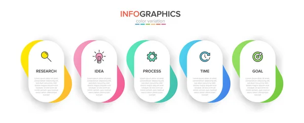 Infografik-Design mit Symbolen und 5 Optionen oder Schritten. Dünnlinienvektor. Infografik Geschäftskonzept. Kann für Informationsgrafiken, Flussdiagramme, Präsentationen, Websites, Banner, Druckmaterialien verwendet werden. — Stockvektor