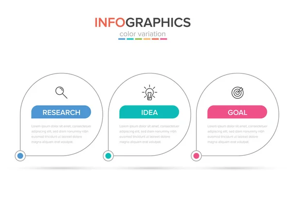 Konzept des Pfeil-Geschäftsmodells mit 3 aufeinander folgenden Schritten. drei bunte rechteckige Elemente. Timeline Design für Broschüre, Präsentation. Gestaltung der Infografik. — Stockvektor