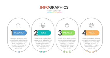 Simgeli ve 4 basamaklı bilgi tasarımı. İnce çizgi vektörü. Bilgi işlem iş konsepti. Bilgi grafikleri, akış grafikleri, sunumlar, web siteleri, afişler, yazılı materyaller için kullanılabilir.
