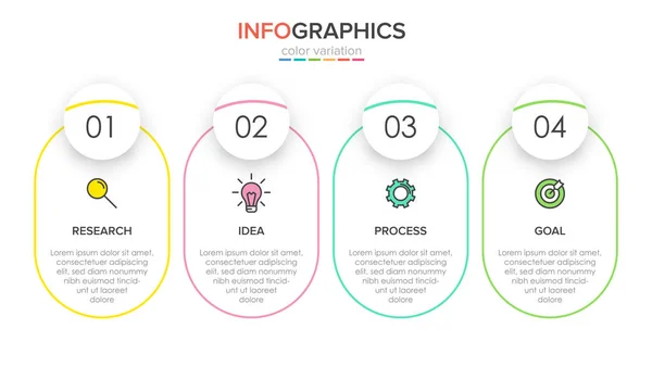 Infografik-Design mit Symbolen und 4 Optionen oder Schritten. Dünnlinienvektor. Infografik Geschäftskonzept. Kann für Informationsgrafiken, Flussdiagramme, Präsentationen, Websites, Banner, Druckmaterialien verwendet werden. — Stockvektor