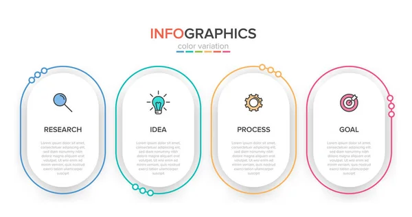 Infografikai kialakítás ikonokkal és 4 opcióval vagy lépéssel. Vékony vonalvektor. Infografika üzleti koncepció. Használható infó grafikákhoz, folyamatábrákhoz, prezentációkhoz, weboldalakhoz, bannerekhez, nyomtatott anyagokhoz. — Stock Vector