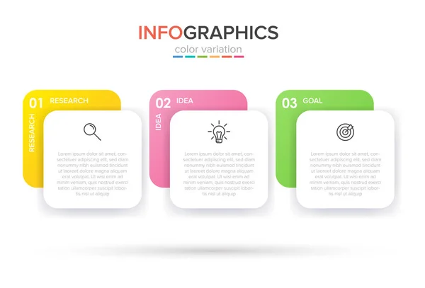 Konzept des Pfeil-Geschäftsmodells mit 3 aufeinander folgenden Schritten. drei bunte rechteckige Elemente. Timeline Design für Broschüre, Präsentation. Gestaltung der Infografik. — Stockvektor