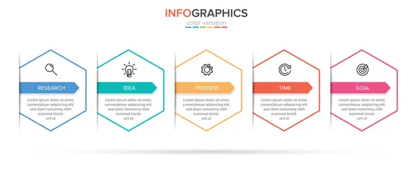 Infografikai kialakítás ikonokkal és 5 opcióval vagy lépéssel. Vékony vonalvektor. Infografika üzleti koncepció. Használható infó grafikákhoz, folyamatábrákhoz, prezentációkhoz, weboldalakhoz, bannerekhez, nyomtatott anyagokhoz. — Stock Vector