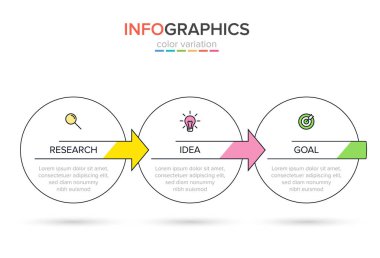 3 ardışık adımları ile ok iş modeli kavramı. Üç renkli dikdörtgen eleman. Broşür, sunum için zaman çizelgesi tasarımı. İnfografik tasarım düzeni.