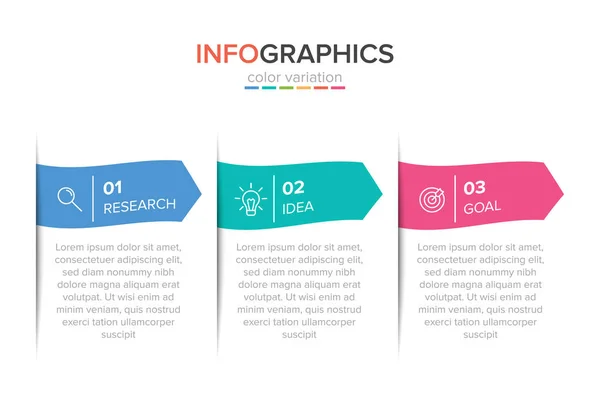 Konzept des Pfeil-Geschäftsmodells mit 3 aufeinander folgenden Schritten. drei bunte rechteckige Elemente. Timeline Design für Broschüre, Präsentation. Gestaltung der Infografik. — Stockvektor