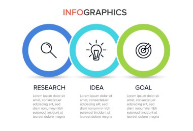 3 ardışık adımları ile ok iş modeli kavramı. Üç renkli dikdörtgen eleman. Broşür, sunum için zaman çizelgesi tasarımı. İnfografik tasarım düzeni.