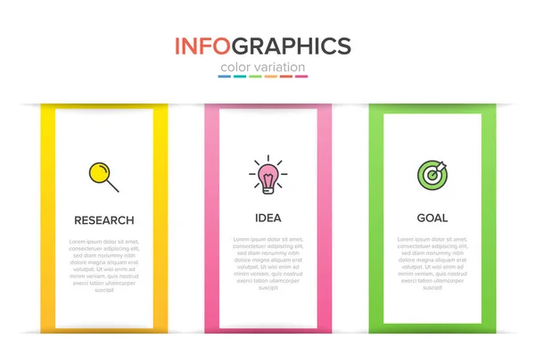 Konzept des Pfeil-Geschäftsmodells mit 3 aufeinander folgenden Schritten. drei bunte rechteckige Elemente. Timeline Design für Broschüre, Präsentation. Gestaltung der Infografik. — Stockvektor