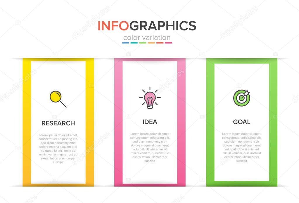 Concept of arrow business model with 3 successive steps. Three colorful rectangular elements. Timeline design for brochure, presentation. Infographic design layout.