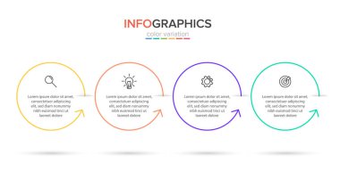 Simgeli ve 4 basamaklı bilgi tasarımı. İnce çizgi vektörü. Bilgi işlem iş konsepti. Bilgi grafikleri, akış grafikleri, sunumlar, web siteleri, afişler, yazılı materyaller için kullanılabilir.