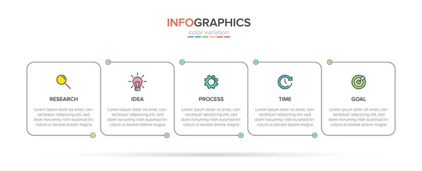 Projekt infograficzny z ikonami i 5 opcjami lub krokami. Cienki wektor. Koncepcja biznesowa infografiki. Może być stosowany do grafiki info, wykresy przepływu, prezentacje, strony internetowe, banery, materiały drukowane. — Wektor stockowy