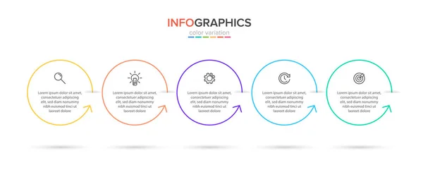 Infografisch ontwerp met iconen en 5 opties of stappen. Dunne lijn vector. Infographics business concept. Kan gebruikt worden voor infographics, flowgrafieken, presentaties, websites, banners, drukwerk. — Stockvector