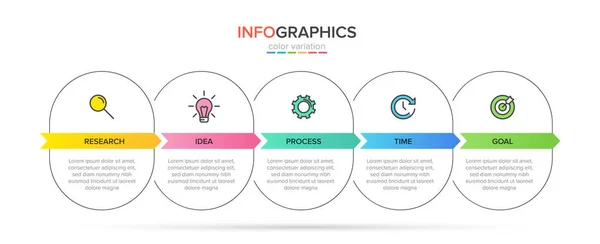 Infografisch ontwerp met iconen en 5 opties of stappen. Dunne lijn vector. Infographics business concept. Kan gebruikt worden voor infographics, flowgrafieken, presentaties, websites, banners, drukwerk. — Stockvector