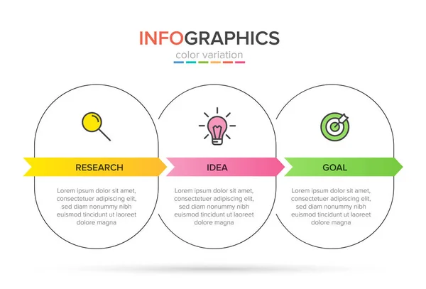 Konzept des Pfeil-Geschäftsmodells mit 3 aufeinander folgenden Schritten. drei bunte rechteckige Elemente. Timeline Design für Broschüre, Präsentation. Gestaltung der Infografik. — Stockvektor