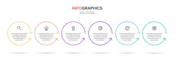 Concept of arrow business model with 6 successive steps. Five colorful rectangular elements. Timeline design for brochure, presentation. Infographic design layout. — Stock Vector