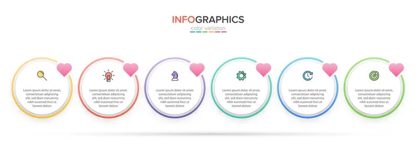 6 ardışık adımları ile ok iş modeli kavramı. Beş renkli dikdörtgen eleman. Broşür, sunum için zaman çizelgesi tasarımı. İnfografik tasarım düzeni. — Stok Vektör