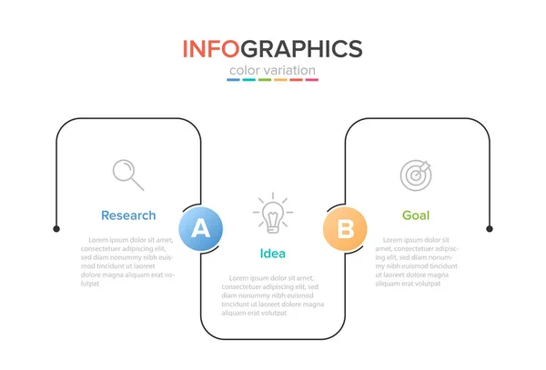 Conceito de modelo de negócio de seta com 3 etapas sucessivas. Três elementos retangulares coloridos. Design de linha do tempo para brochura, apresentação. Layout de design infográfico . — Vetor de Stock