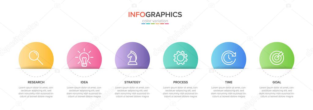 Concept of arrow business model with 6 successive steps. Six colorful graphic elements. Timeline design for brochure, presentation. Infographic design layout.