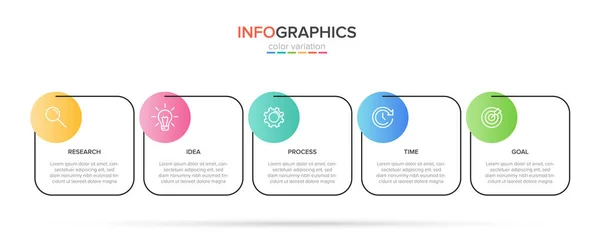 Infografik-Design mit Symbolen und 5 Optionen oder Schritten. Dünnlinienvektor. Infografik Geschäftskonzept. Kann für Informationsgrafiken, Flussdiagramme, Präsentationen, Websites, Banner, Druckmaterialien verwendet werden. — Stockvektor