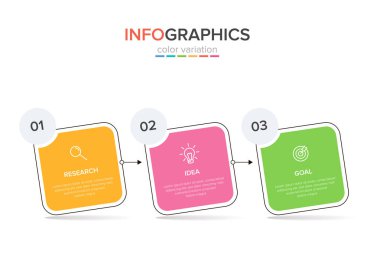 Ardışık üç adımlı ok iş modeli kavramı. Üç renkli grafik öğe. Broşür ve sunum için zaman çizelgesi tasarımı. Infographic tasarım düzeni.