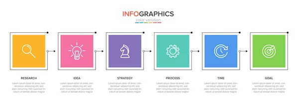 Ardışık 6 adımlı ok iş modeli kavramı. Altı renkli grafik elementi. Broşür ve sunum için zaman çizelgesi tasarımı. Infographic tasarım düzeni. — Stok Vektör