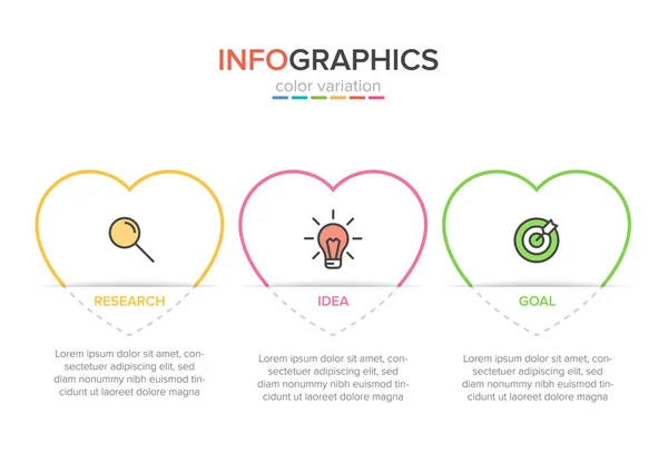 Konzept des Pfeil-Geschäftsmodells mit 3 aufeinander folgenden Schritten. Drei farbenfrohe grafische Elemente. Timeline-Design für Broschüre, Präsentation. Gestaltung der Infografik. — Stockvektor