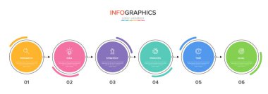 Ardışık 6 adımlı ok iş modeli kavramı. Altı renkli grafik elementi. Broşür ve sunum için zaman çizelgesi tasarımı. Infographic tasarım düzeni.
