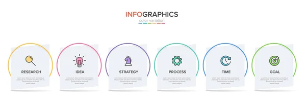 Concept van pijl business model met 6 opeenvolgende stappen. Zes kleurrijke grafische elementen. Tijdlijn ontwerp voor brochure, presentatie. Infografische vormgeving. — Stockvector