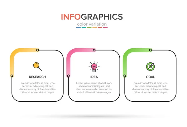 Konzept des Pfeil-Geschäftsmodells mit 3 aufeinander folgenden Schritten. Drei farbenfrohe grafische Elemente. Timeline-Design für Broschüre, Präsentation. Gestaltung der Infografik. — Stockvektor