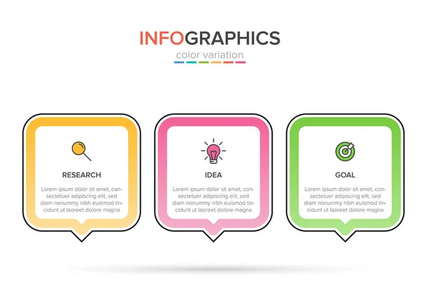 Begreppet pil affärsmodell med 3 på varandra följande steg. Tre färgstarka grafiska element. Tidslinje design för broschyr, presentation. Infografisk utformning. — Stock vektor